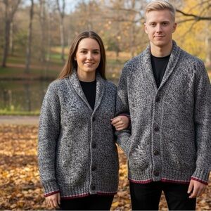 Roots Heritage Cabin Shawl Cardigan Wool Button Unisex Gorpcore Knit Grey Red XL